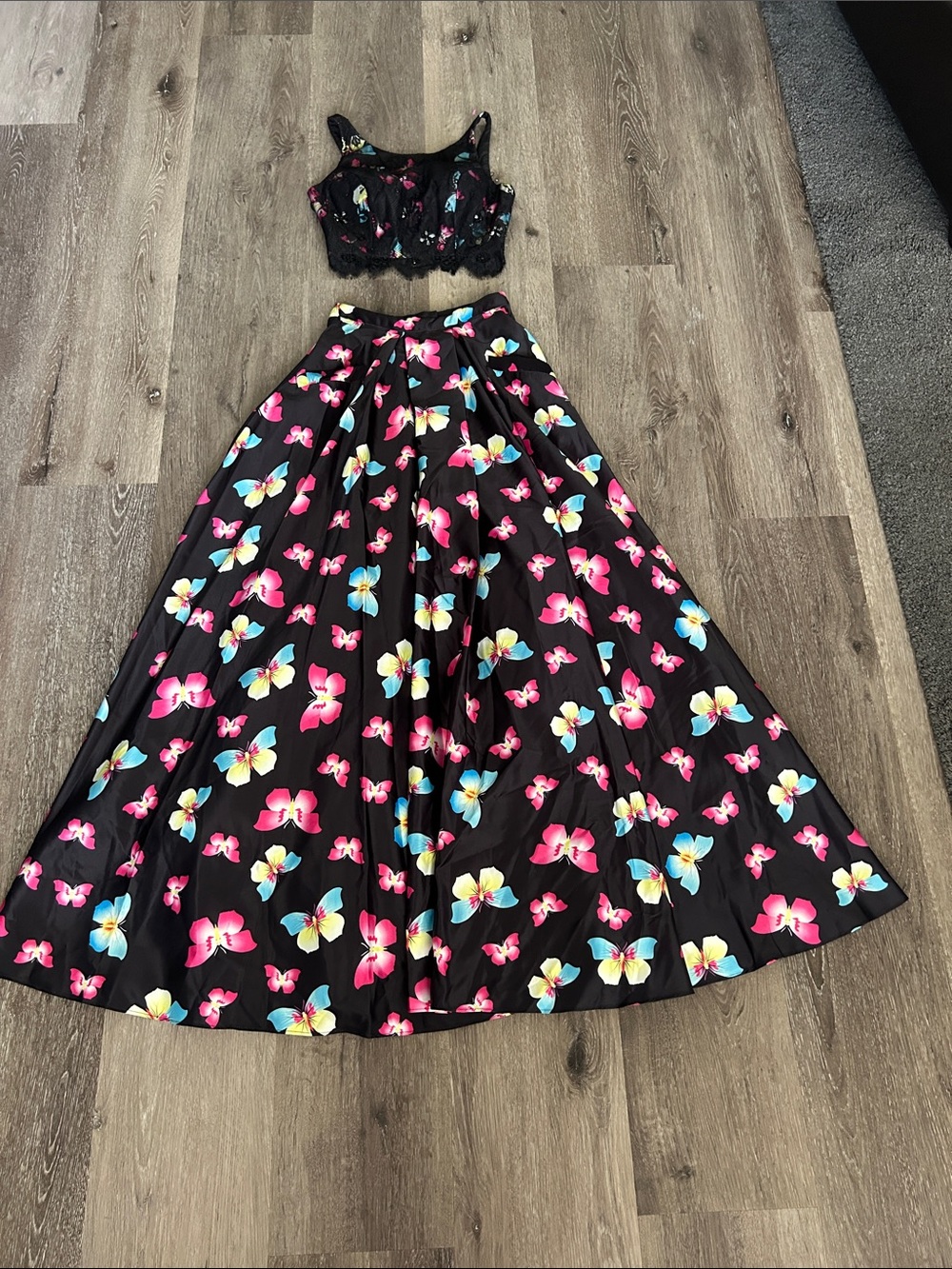Two-Piece Black Prom Dress with Pink, Yellow & Blue Butterfly Print